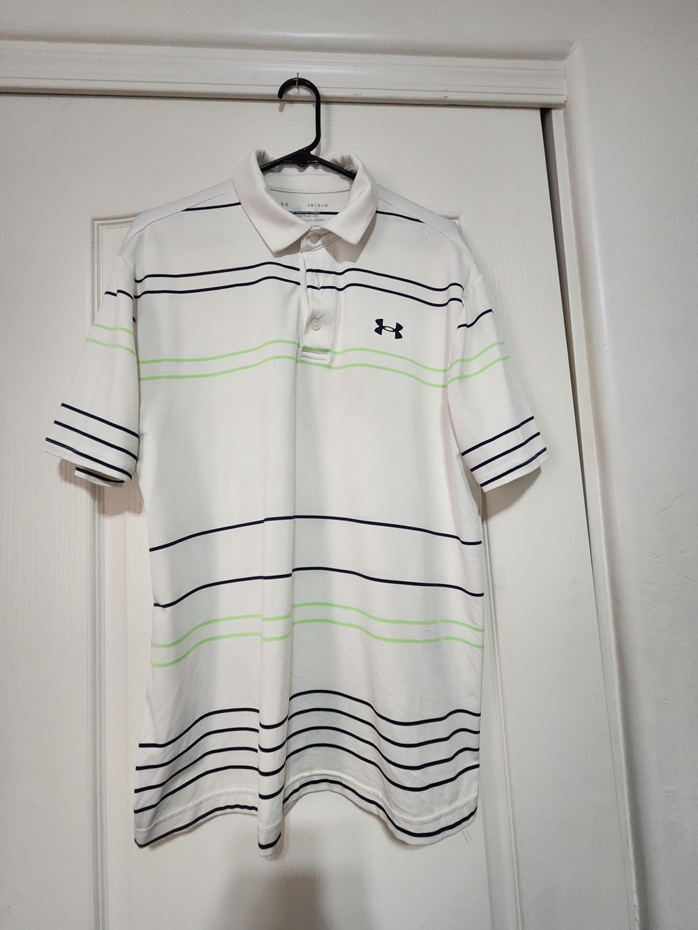 Under Armour White Polo with Navy and Light Green Stripes